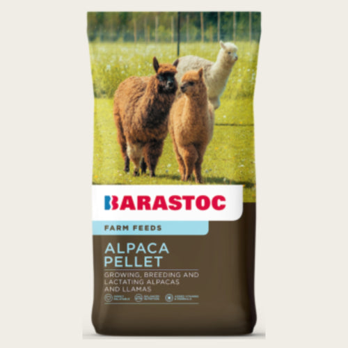Bag of Barastoc Alpaca Pellet feed with two alpacas on a grassy field background.